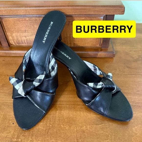 Burberry Black leather mules with canvas bow and kitten heel  luxury shoes - Picture 1 of 10